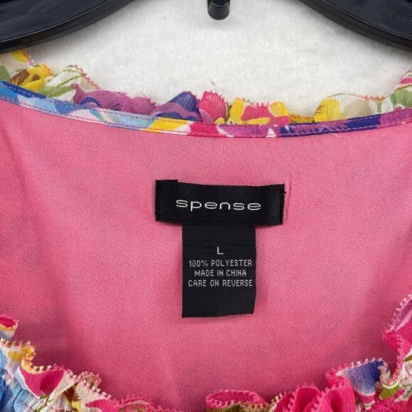 Spense Blouse Women's Sz L Pink Floral Ruffle Pleated Round Neck Regular Fit - Picture 11 of 12
